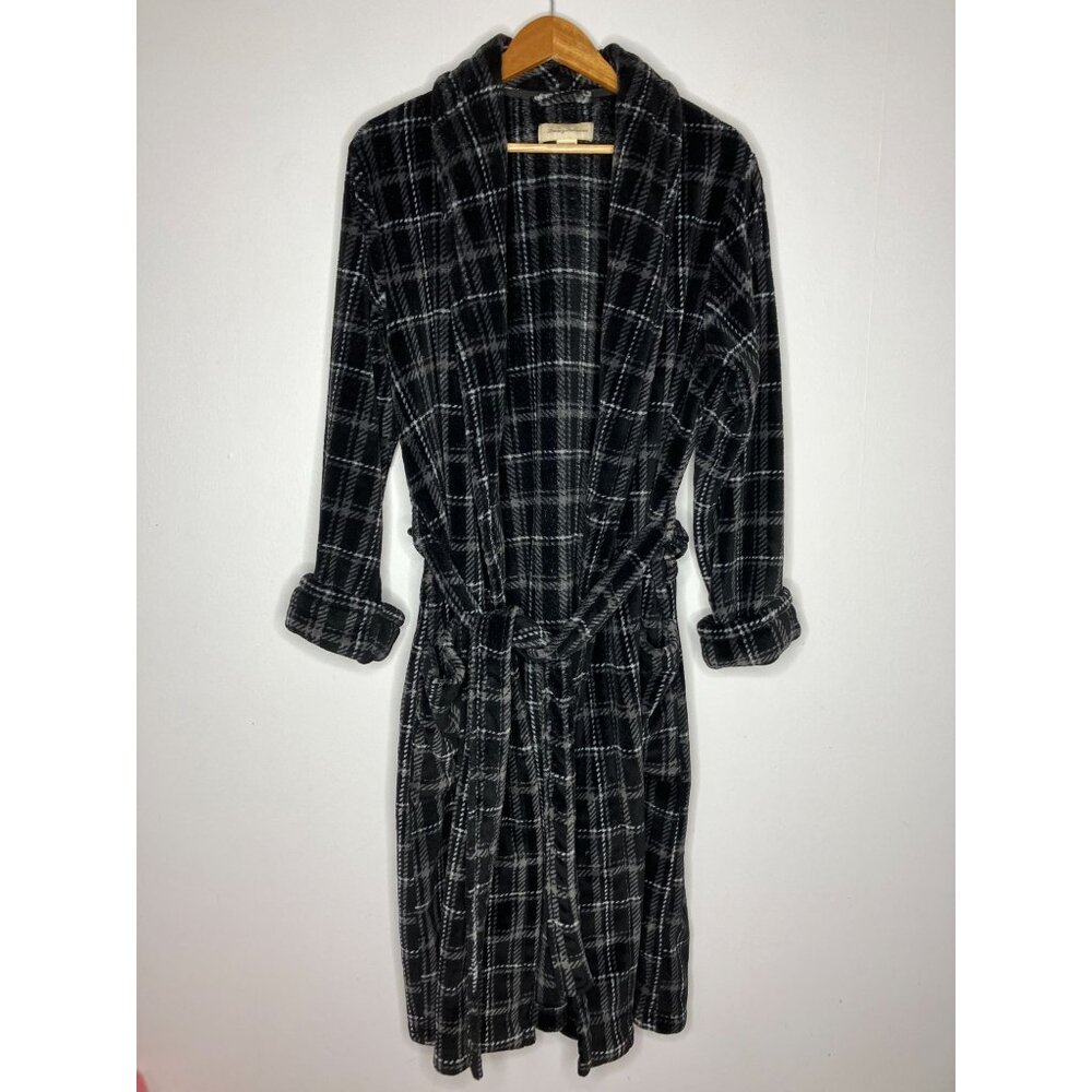 Tommy Bahama Mens Black & Gray Plaid Fleece Robe S/M - Picture 1 of 7